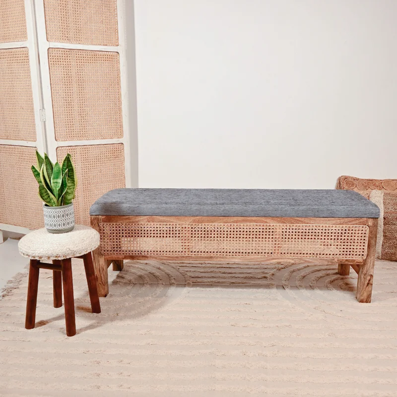 Home Carving Rattan Bench Gray